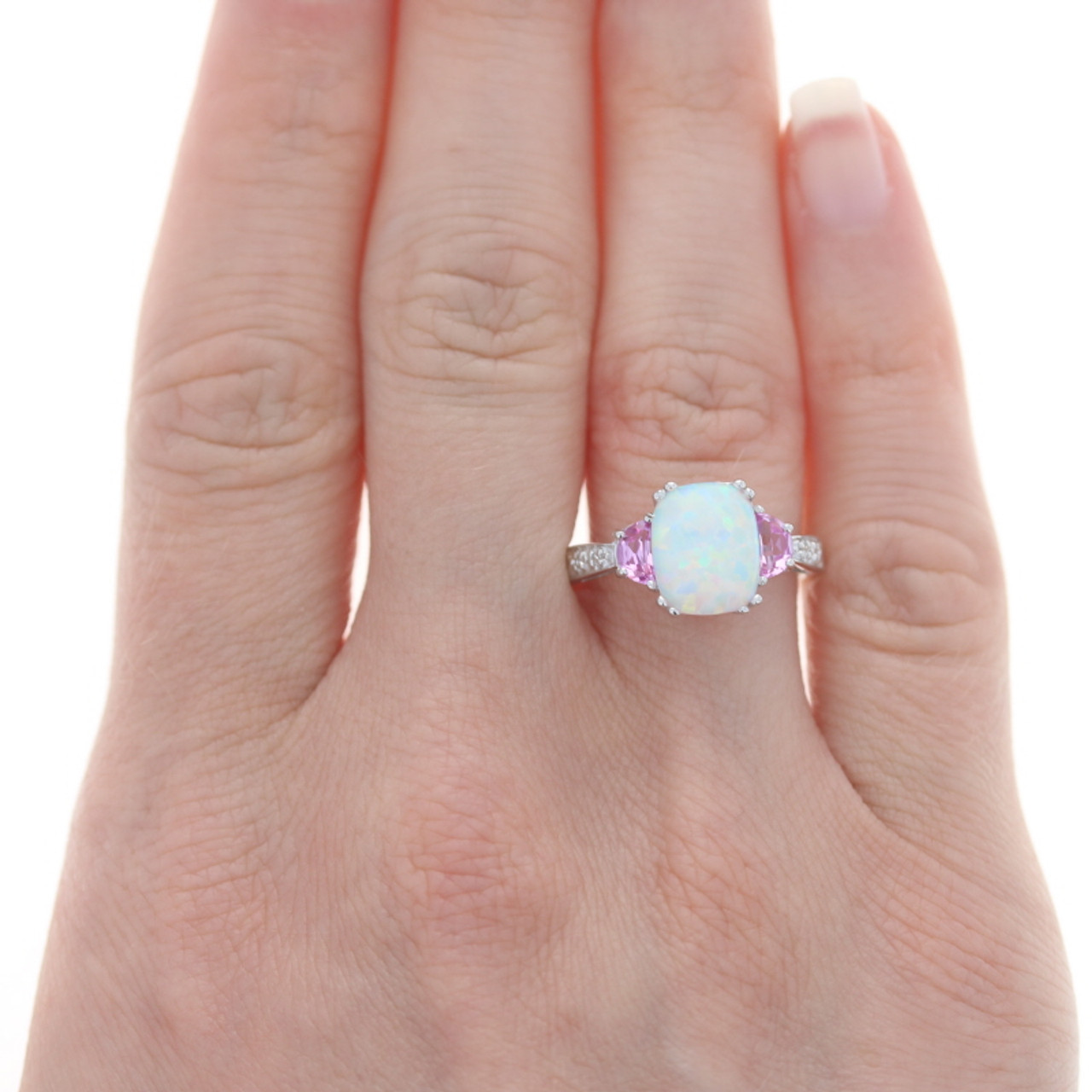 White Gold Synthetic Opal Synthetic Pink Sapphire Diamond Ring