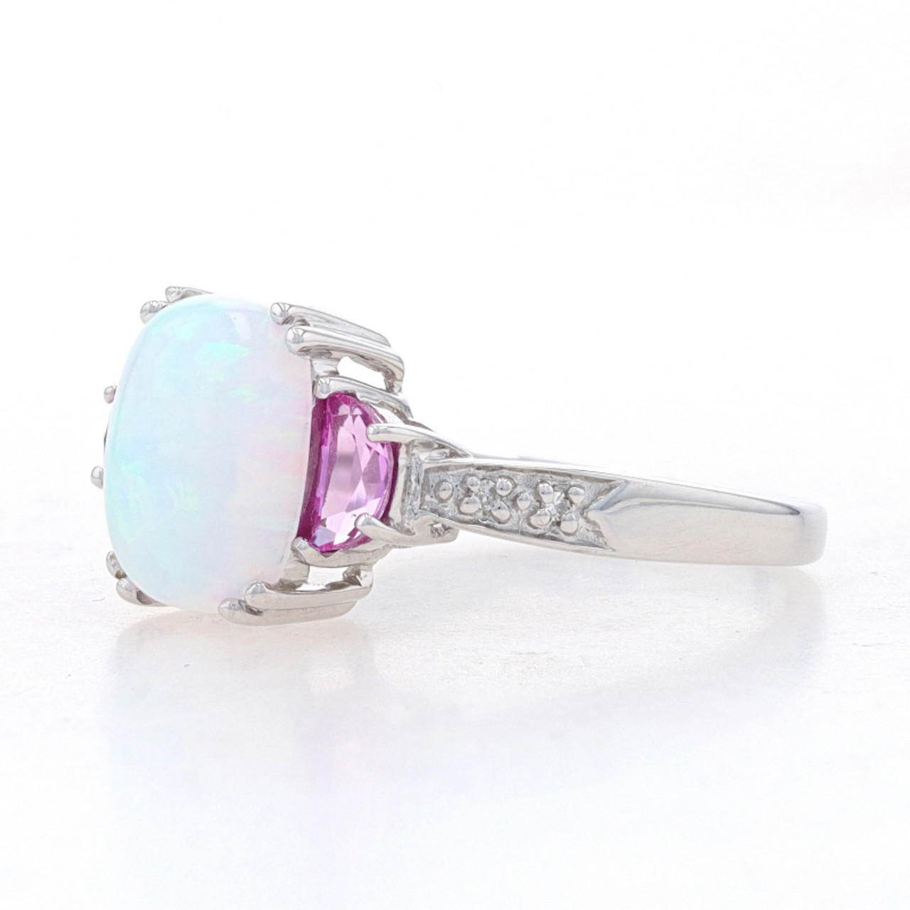White Gold Synthetic Opal Synthetic Pink Sapphire Diamond Ring