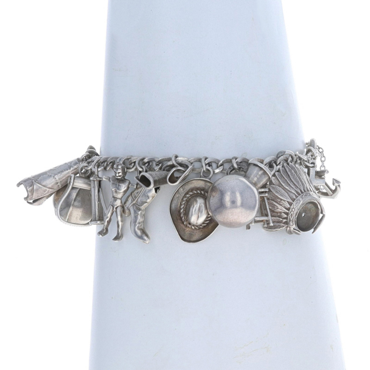 Sterling Silver Retro Western Americana Charm Bracelet 7