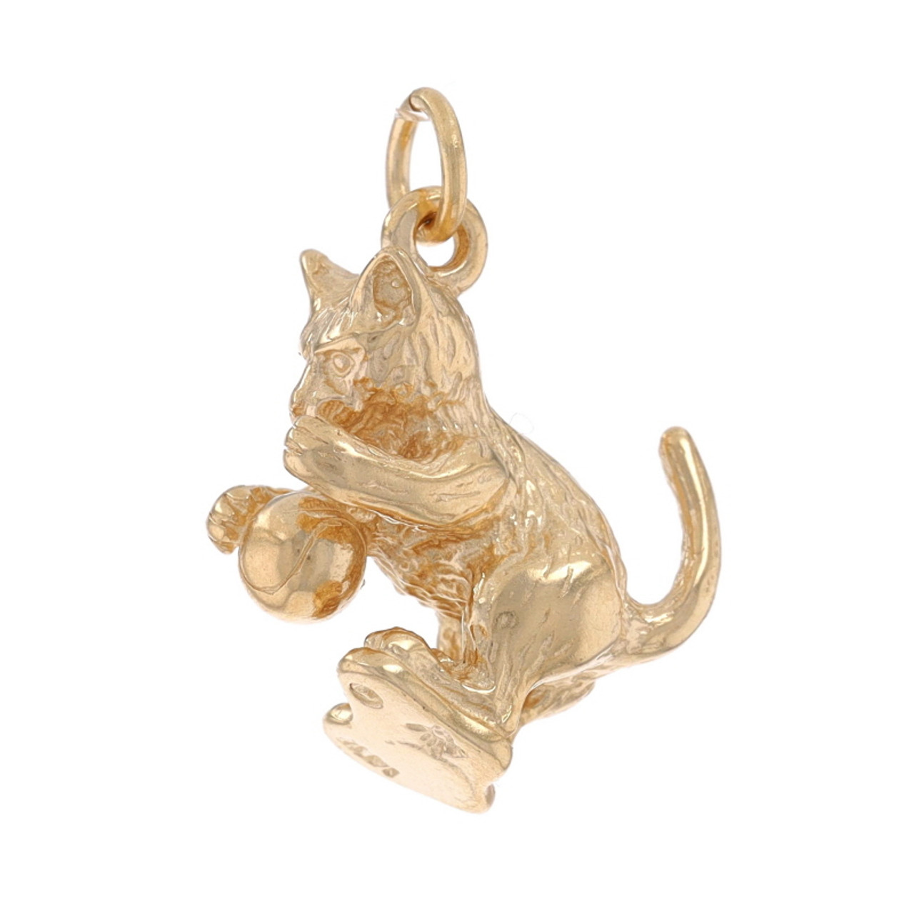 Yellow Gold Playful Kitten with Ball Charm - 14K Pet Feline Cat Pendant