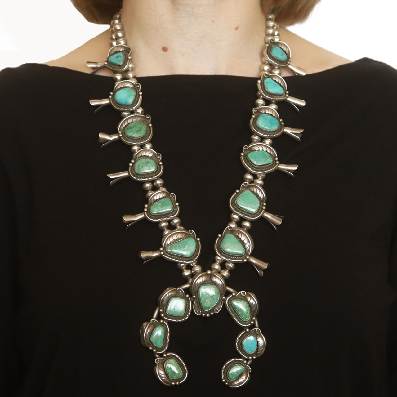 NAVAJO LeonKurley スカッシュブロッサム OLD VINTAGE Vintage 1950s Navajo Squash Blossom Necklace with Turquoise