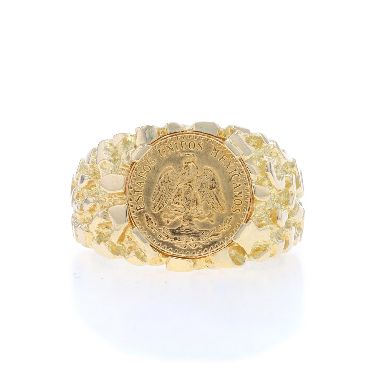 Yellow Gold Men's Authentic 1945 Dos Pesos Coin Ring -14k & 90 