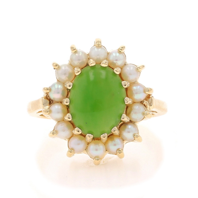 Yellow Gold Nephrite Jade & Cultured Pearl Halo Ring - 14k Oval