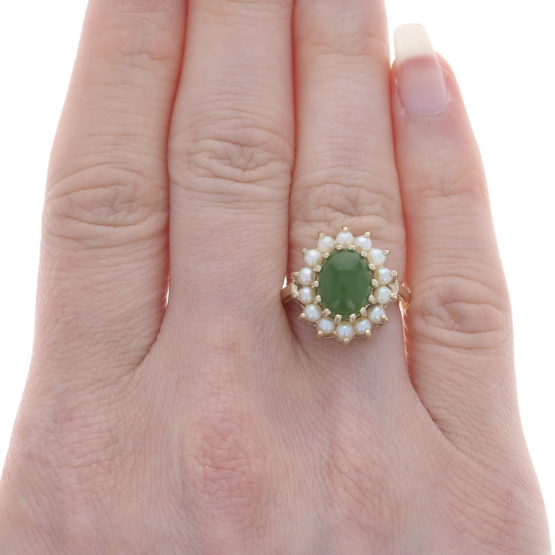 Yellow Gold Nephrite Jade & Cultured Pearl Halo Ring - 14k Oval