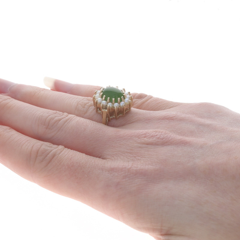 Yellow Gold Nephrite Jade & Cultured Pearl Halo Ring - 14k Oval