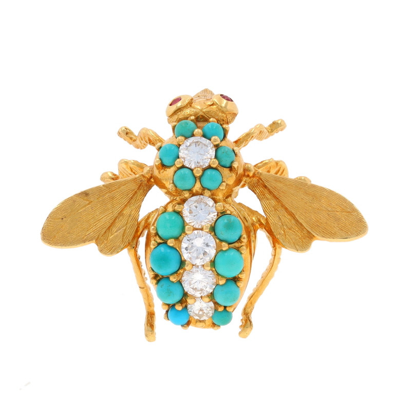 Cartier Diamond Turquoise Ruby Vintage Bee Brooch -Yellow Gold 18k