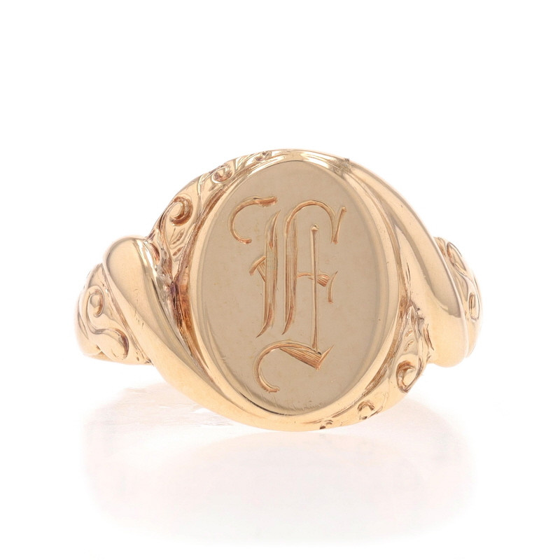 Yellow Gold Art Deco Initial F Signet Men's Ring - 10k Scrollwork