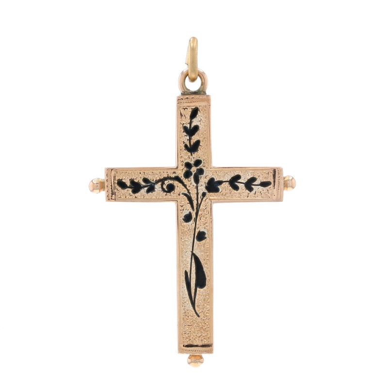Yellow Gold Black Enamel Victorian Cross Pendant - 10k Floral