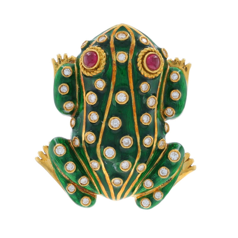 Yellow Gold Ruby Diamond Frog Pin 18k Round Cabochon .98ctw
