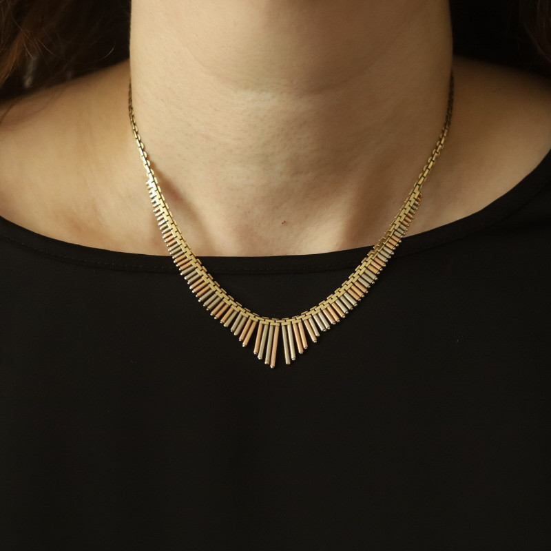 Yellow Gold Lancy Link Chain V Fringe Necklace 16 1/2