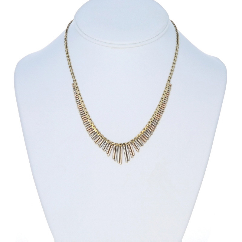 Yellow Gold Lancy Link Chain V Fringe Necklace 16 1/2