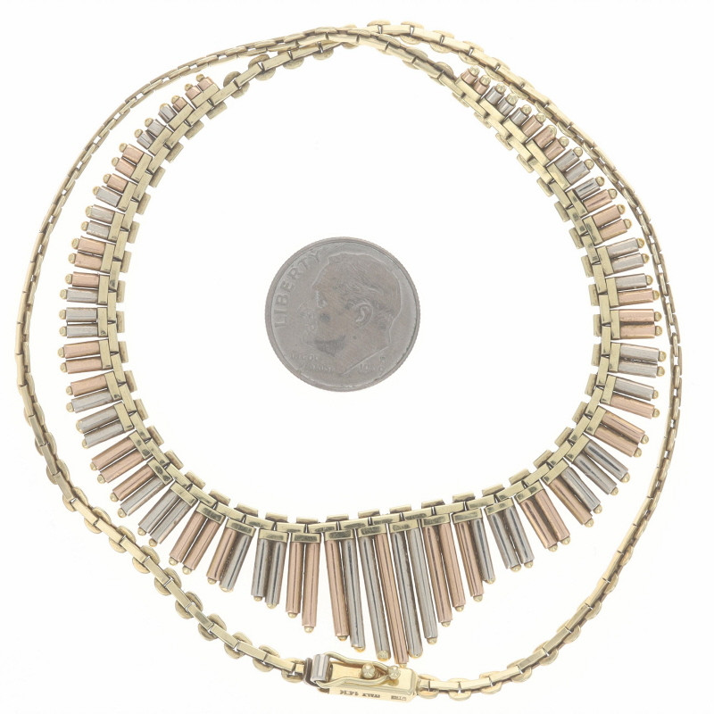 Yellow Gold Lancy Link Chain V Fringe Necklace 16 1/2