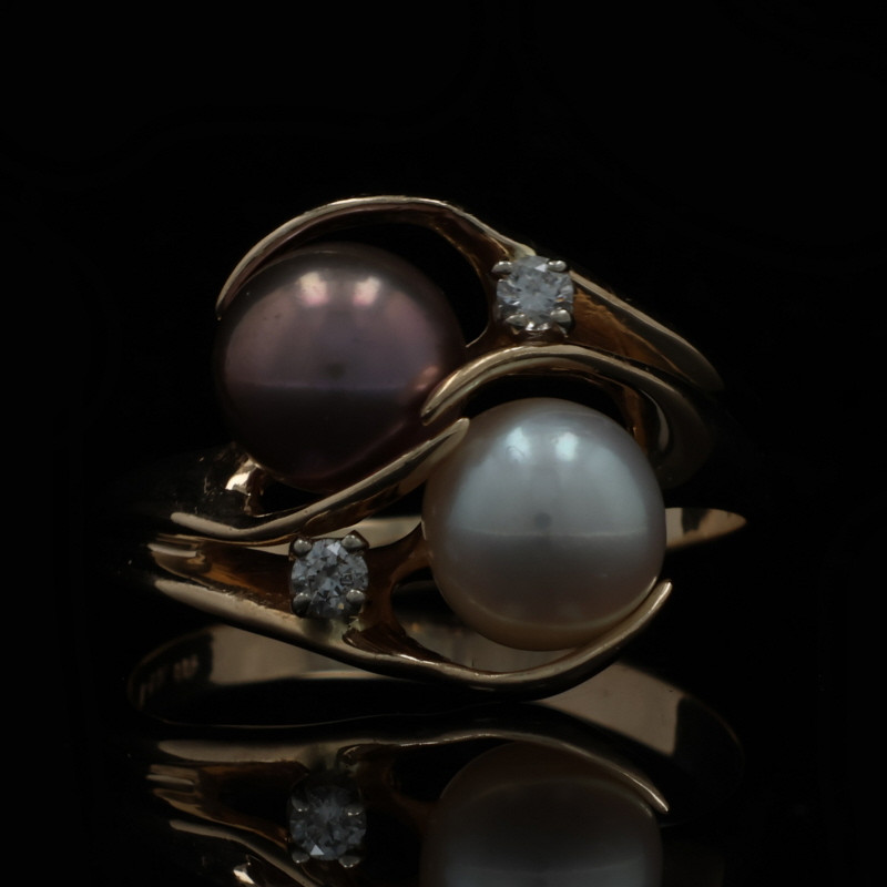Maui Divers Pearl Diamond Ring - Yellow Gold 14k Two-Stone Bypass