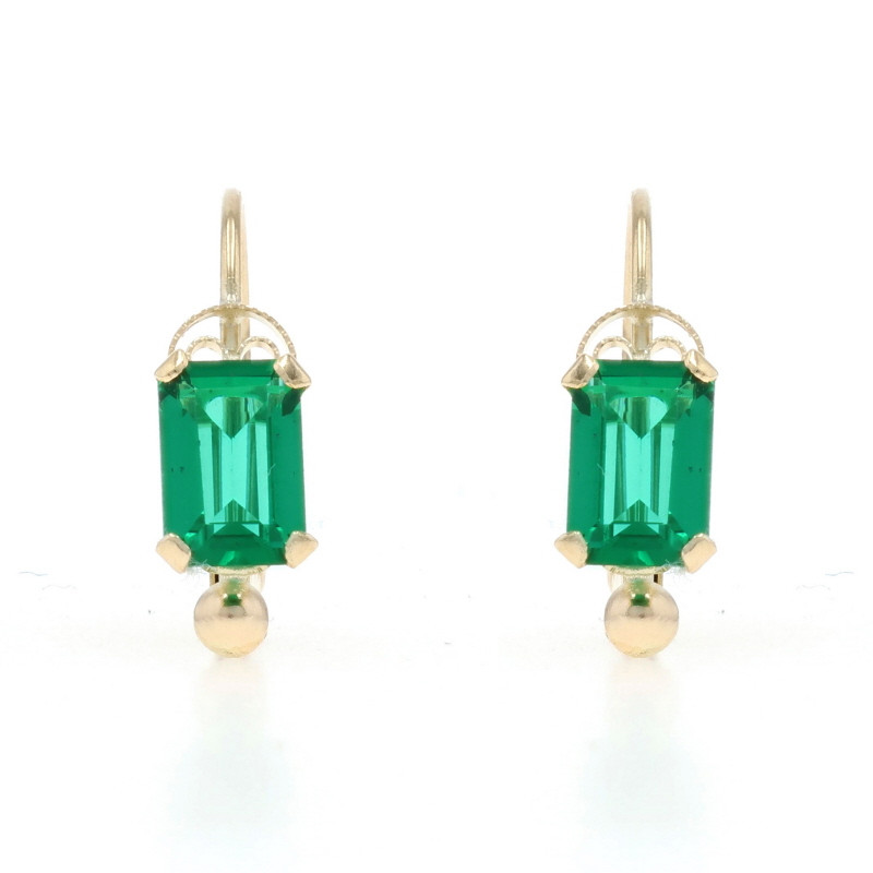 Yellow Gold Lab-Created Emerald Drop Earrings - 14k 1.20ctw