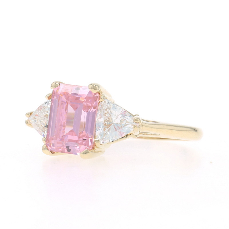 Yellow Gold Pink Cubic Zirconia Ring - 10k Emerald Cut 3.90ctw