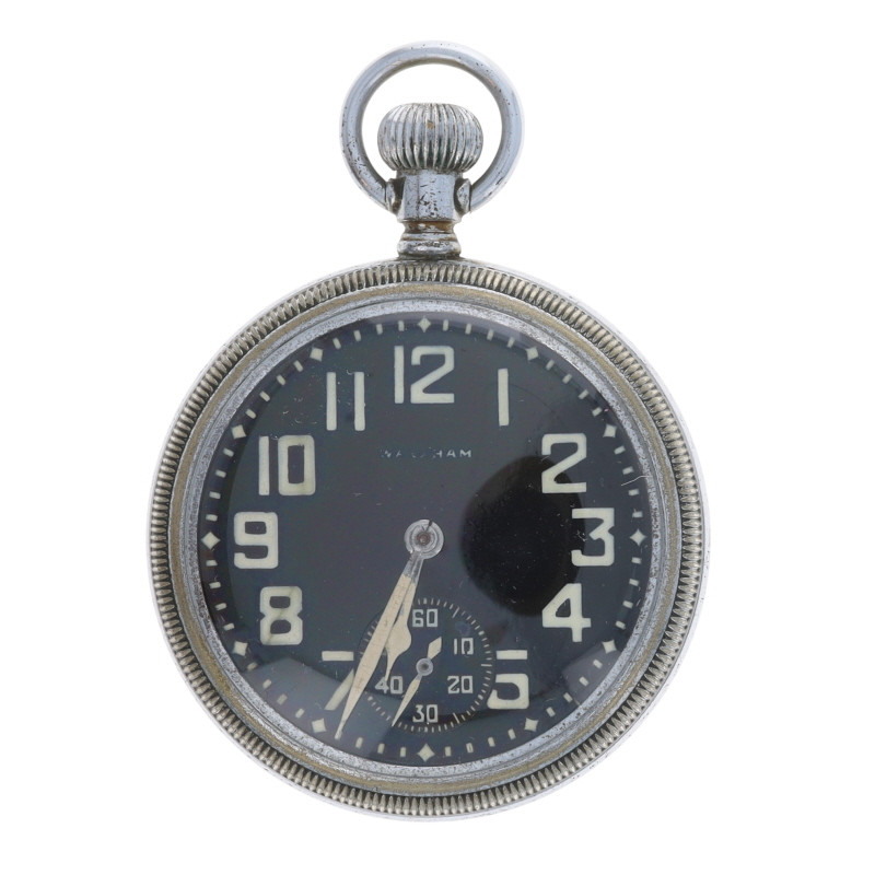 Waltham Premier Military Open Face Pocket Watch - Silver Toned
