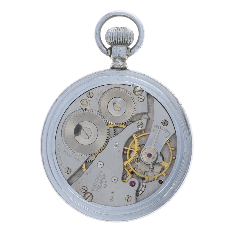 Waltham Premier Military Open Face Pocket Watch - Silver Toned