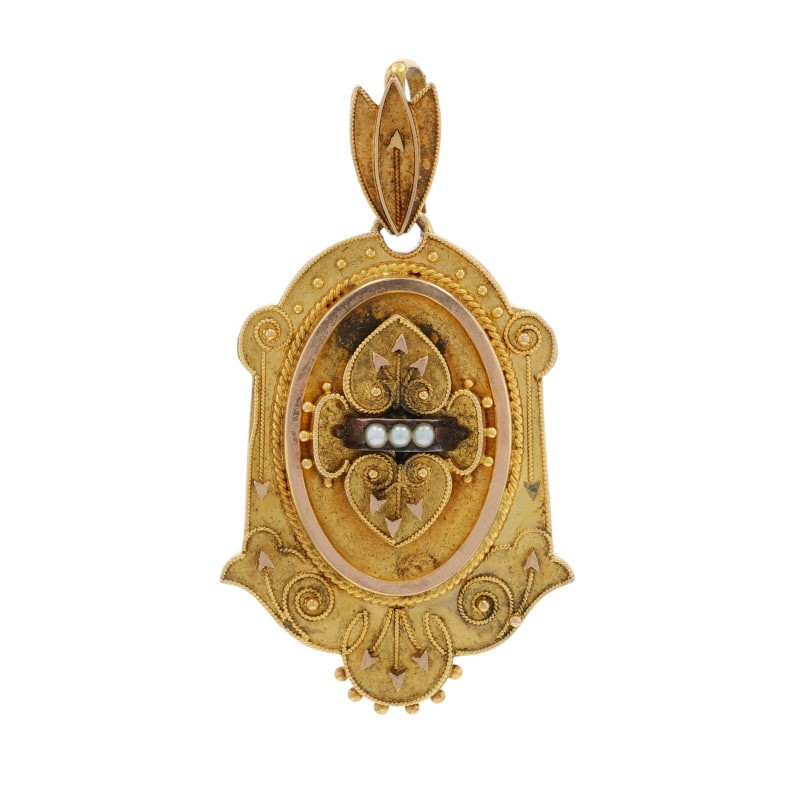 Yellow Gold Pearl Victorian Leaf Arrow Locket Pendant - 10k