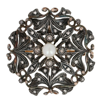6mm Cultured Pearl & Diamond Victorian Brooch/Pendant -18k Gold & Silver Antique 6mm Cultured Pearl & Diamond Victorian Brooch/Pendant -18k Gold & Silver Antique