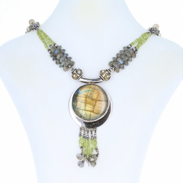 Green Stone Statement Necklace - Sterling Silver Labradorite Peridot 19" Chunky Green Stone Statement Necklace - Sterling Silver Labradorite Peridot 19" Chunky