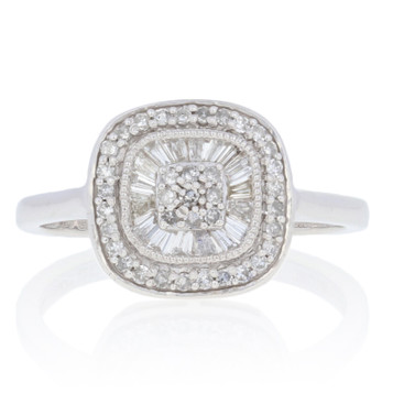 NEW .33ctw Single & Baguette Cut Diamond Ring - Sterling Cluster Double Halo NEW .33ctw Single & Baguette Cut Diamond Ring - Sterling Cluster Double Halo