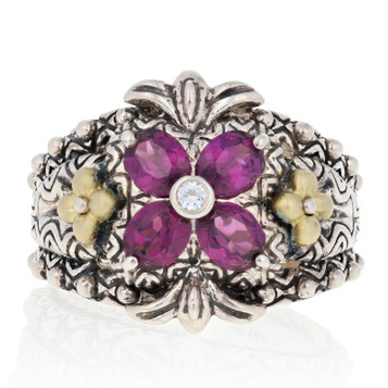 Barbara Bixby Rhodolite Garnet & White Sapphire Ring -Sterling & 18k Gold Floral Barbara Bixby Rhodolite Garnet & White Sapphire Ring -Sterling & 18k Gold Floral