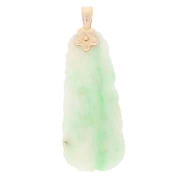Carved Jadeite Pendant - 14k Yellow Gold Botanical Design Carved Jadeite Pendant - 14k Yellow Gold Botanical Design