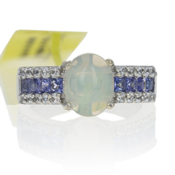 Sterling Jelly Opal, Tanzanite, & Zircon Ring - 925 Oval Cabochon Cut 1.90ctw Sterling Jelly Opal, Tanzanite, & Zircon Ring - 925 Oval Cabochon Cut 1.90ctw