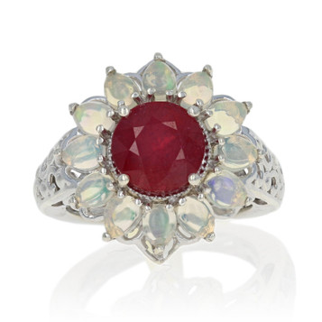 Sterling Silver Lead Glass Filled Ruby & Jelly Opal Halo Ring 925 Round 3.00ctw Sterling Silver Lead Glass Filled Ruby & Jelly Opal Halo Ring 925 Round 3.00ctw
