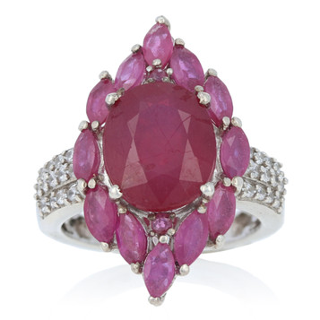 Sterling Lead Glass Filled Ruby & White Zircon Halo Ring - 925 Oval Cut 7.00ctw Sterling Lead Glass Filled Ruby & White Zircon Halo Ring - 925 Oval Cut 7.00ctw