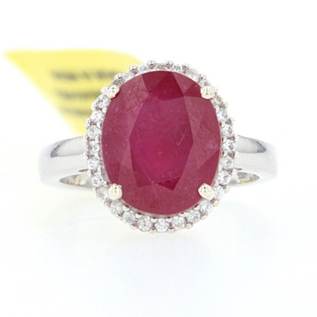 Sterling Lead Glass Filled Ruby & Zircon Halo Ring - 925 Oval 4.60ctw Sterling Lead Glass Filled Ruby & Zircon Halo Ring - 925 Oval 4.60ctw