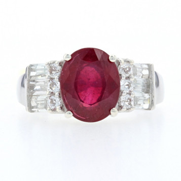 Sterling Lead Glass Filled Ruby & White Topaz Ring - 925 Oval Cut 5.00ctw Size 6 Sterling Lead Glass Filled Ruby & White Topaz Ring - 925 Oval Cut 5.00ctw Size 6