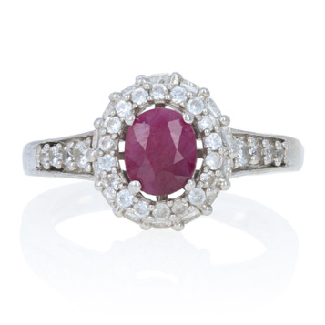 Sterling Silver Ruby & White Zircon Flower Halo Ring - 925 Oval Cut 2.65ctw Sterling Silver Ruby & White Zircon Flower Halo Ring - 925 Oval Cut 2.65ctw