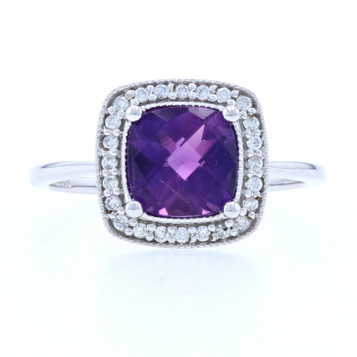 NEW Amethyst & Diamond Halo Ring - 10k White Gold Checkerboard Cushion 1.57ctw NEW Amethyst & Diamond Halo Ring - 10k White Gold Checkerboard Cushion 1.57ctw