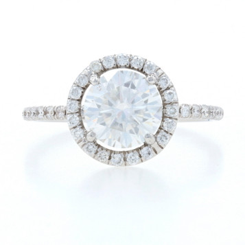 White Gold Moissanite & Diamond Halo Engagement Ring - 18k Round Cut 1.74ctw White Gold Moissanite & Diamond Halo Engagement Ring - 18k Round Cut 1.74ctw