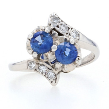 White Gold Sapphire & Diamond Vintage Two-Stone Bypass Ring - 14k Round 1.22ctw White Gold Sapphire & Diamond Vintage Two-Stone Bypass Ring - 14k Round 1.22ctw
