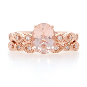 Rose Gold Morganite & Diamond Engagement Ring & Wedding Band - 14k Oval 1.85ctw Rose Gold Morganite & Diamond Engagement Ring & Wedding Band - 14k Oval 1.85ctw