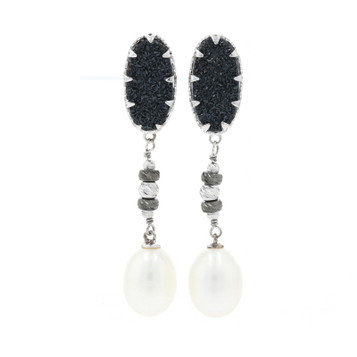 Sterling Black Druzy Quartz & Freshwater Pearl Dangle Earrings - 925 Pierced Sterling Black Druzy Quartz & Freshwater Pearl Dangle Earrings - 925 Pierced