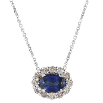White Gold Sapphire & Diamond Halo Necklace 18 1/4" - 14k Oval Cut .91ctw White Gold Sapphire & Diamond Halo Necklace 18 1/4" - 14k Oval Cut .91ctw