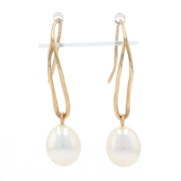 Yellow Gold Freshwater Pearl Dangle Earrings - 14k Curved Pierced Yellow Gold Freshwater Pearl Dangle Earrings - 14k Curved Pierced