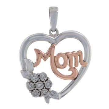 Sterling Silver & Rose Gold Diamond Mom Flower Heart Pendant - 925 & 10k Love Sterling Silver & Rose Gold Diamond Mom Flower Heart Pendant - 925 & 10k Love