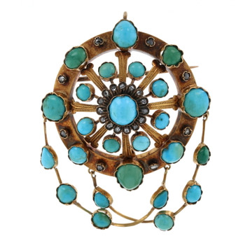 Yellow Gold Turquoise & Diamond Victorian Halo Brooch/Pendant 18k Antique Pin Yellow Gold Turquoise & Diamond Victorian Halo Brooch/Pendant 18k Antique Pin