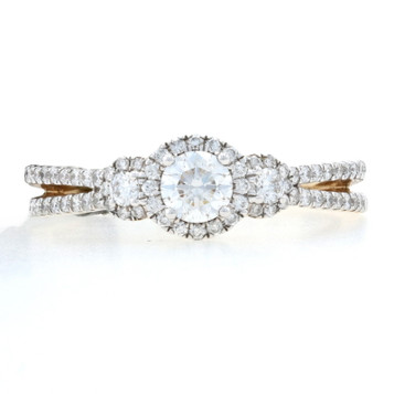 Kallati Diamond Halo Engagement Ring - Yellow Gold 9k Round .69ctw Three-Stone Kallati Diamond Halo Engagement Ring - Yellow Gold 9k Round .69ctw Three-Stone
