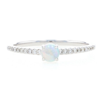 White Gold Opal & Diamond Ring - 14k Round Cabochon Cut .29ctw White Gold Opal & Diamond Ring - 14k Round Cabochon Cut .29ctw