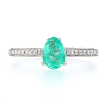 White Gold Emerald & Diamond Ring -18k Pear .85ctw Cathedral Milgrain Engagement White Gold Emerald & Diamond Ring -18k Pear .85ctw Cathedral Milgrain Engagement