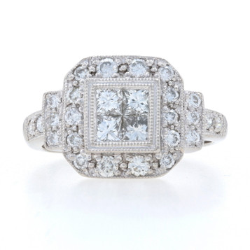 Platinum Diamond Cluster Halo Ring 950 Princess Cut 1.00ctw Miligrain Engagement Platinum Diamond Cluster Halo Ring 950 Princess Cut 1.00ctw Miligrain Engagement