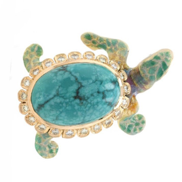 Yellow Gold Turquoise & Diamond Sea Turtle Brooch - 18k Reptile Ocean Life Pin Yellow Gold Turquoise & Diamond Sea Turtle Brooch - 18k Reptile Ocean Life Pin