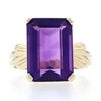 Yellow Gold Synthetic Amethyst Cocktail Solitaire Ring 10k Emerald 7.40ct Ribbed Yellow Gold Synthetic Amethyst Cocktail Solitaire Ring 10k Emerald 7.40ct Ribbed