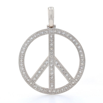 White Gold Diamond Peace Sign Pendant - 14k Round Cut 1.00ctw Symbol Milgrain White Gold Diamond Peace Sign Pendant - 14k Round Cut 1.00ctw Symbol Milgrain