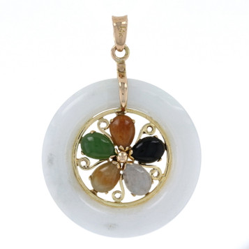 Yellow Gold Jadeite & Onyx Flower Pendant - 14k Cabochon Blossom Yellow Gold Jadeite & Onyx Flower Pendant - 14k Cabochon Blossom